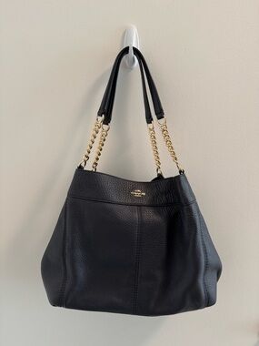 Coach K1781 Dark Navy Blue Pebbled Leather Shoulder Bag with Gold Chain Straps
